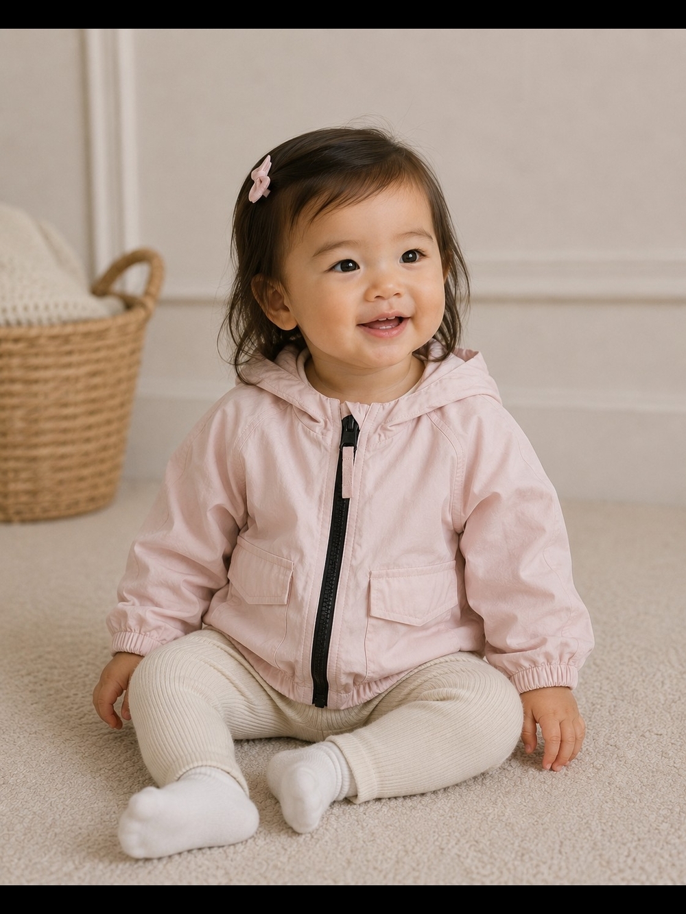 Zara Baby Girls Hooded Windbreaker Jacket Light Pink Zip Up 12-18 Months